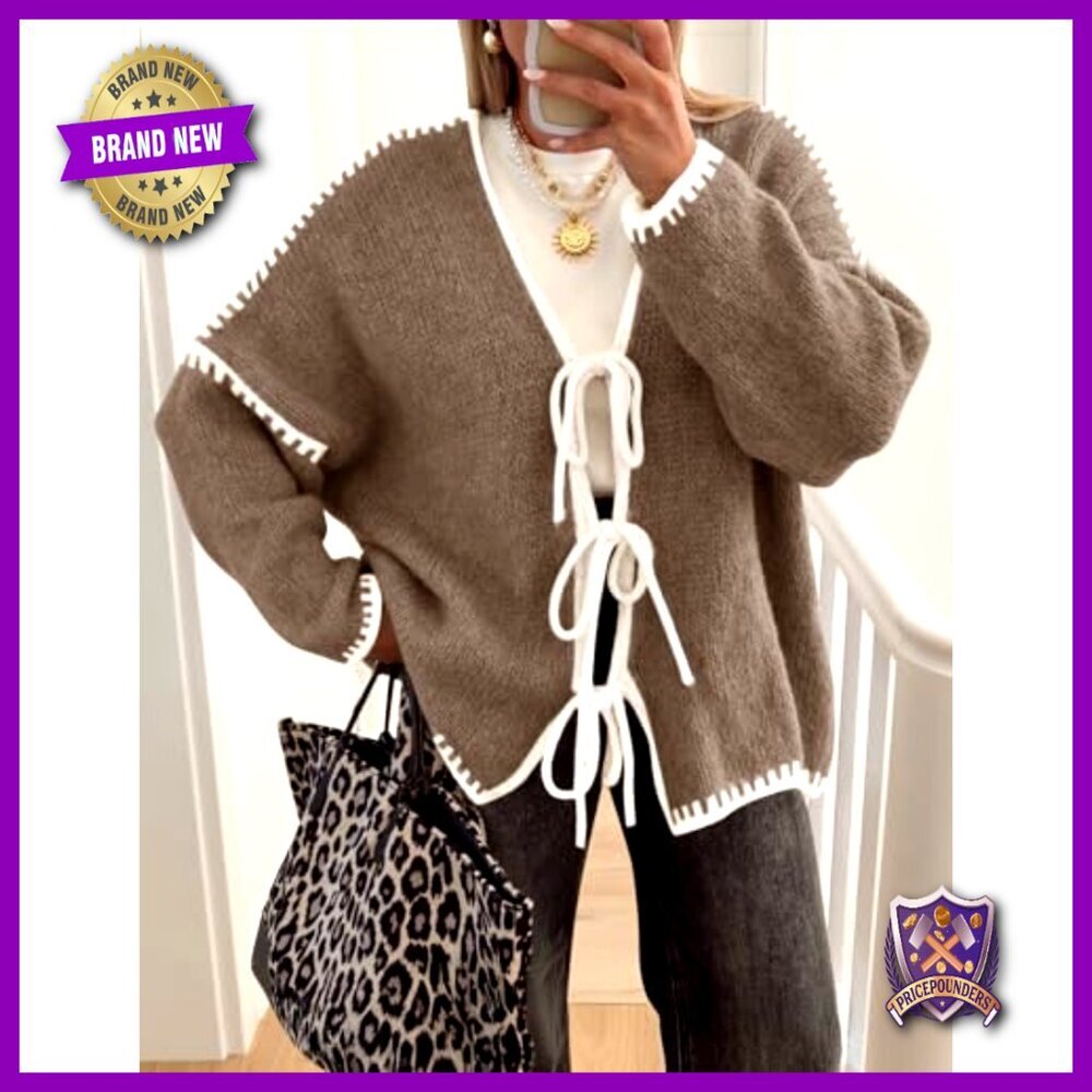 Oversized Cardigan with Bow Tie Front, Long Sleeve, Soft Knit Fabric - Picture 2 of 7